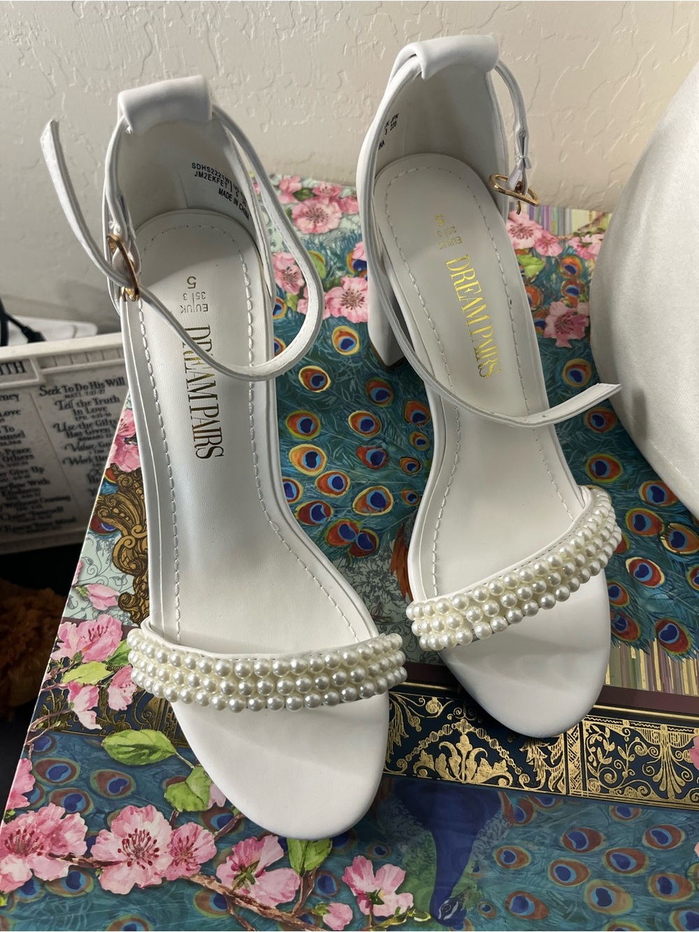 Dream Pairs White Pearl-Trim Ankle Strap Heels